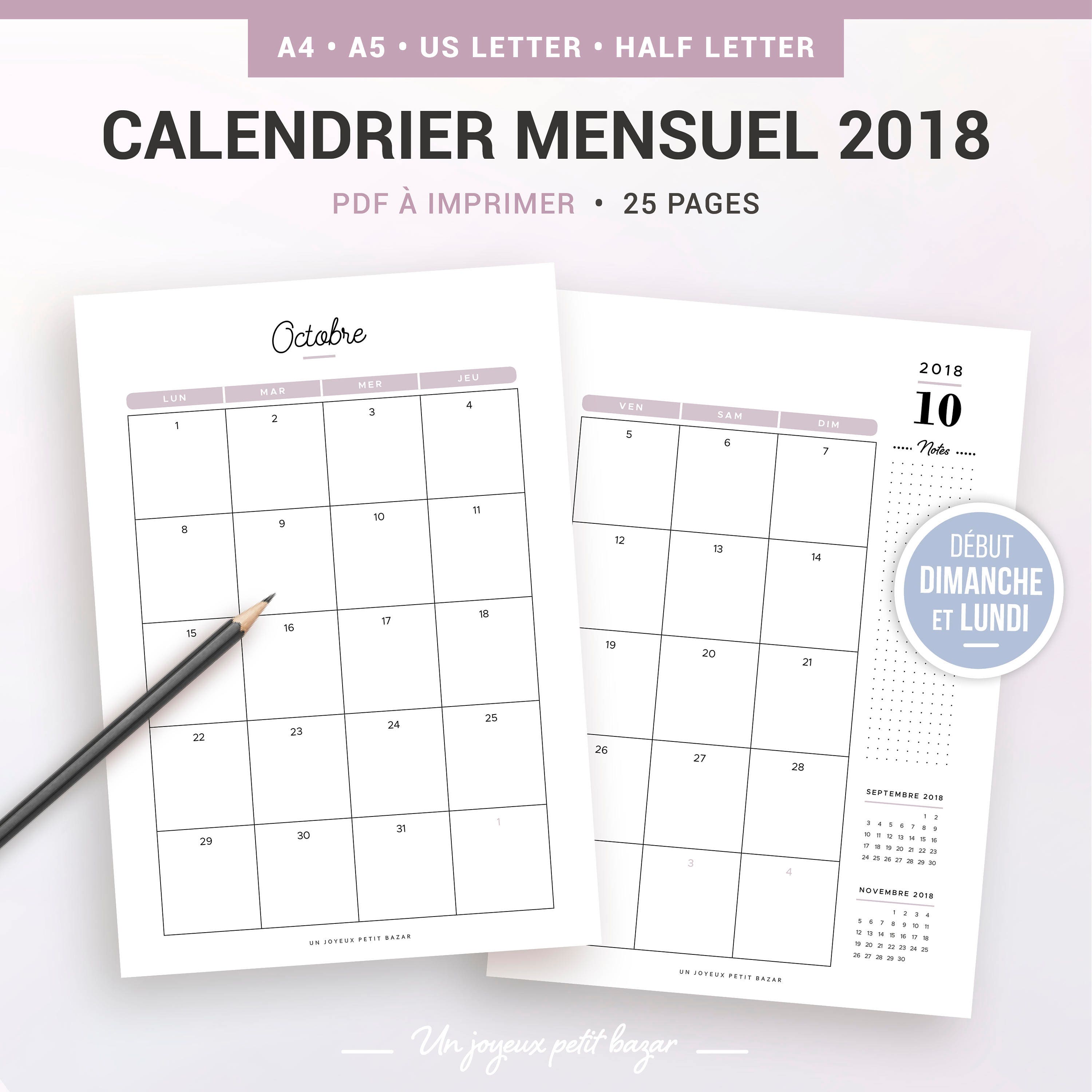 CALENDRIER MENSUEL 2018 à imprimer agenda mensuel 2018