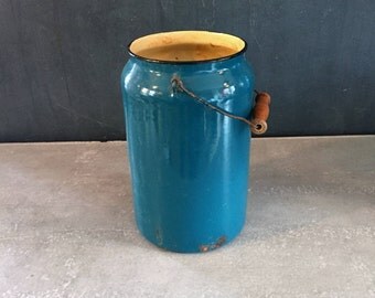 Vintage Teal Enamel Pail with Wooden Handle