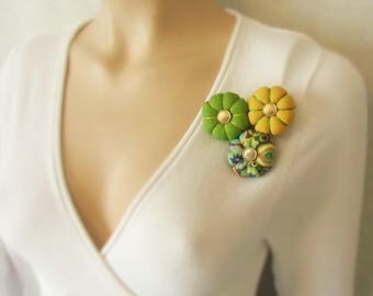 CHARLISE - Les Yoyos de Calie - Fabric brooch japanese asiatique hobo hippy chic vintage kawaii flowers pupkins green yellow original cute
