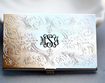 Personalized Business Card Holder, High Polish Silver Ornate Business Card Case , Credit Card Holder, Engraved Card Case,Father's Day