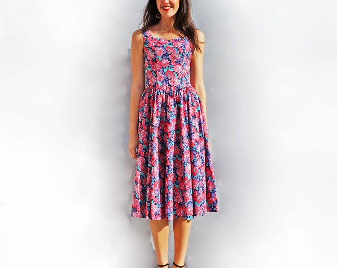 50s Floral Dress, Vintage Laura Ashley Dress, Pink Floral Dress, Full Skirt Dress, Day Dress, 50s Cotton Dress, Fit + Flare Dress, Midi Gown