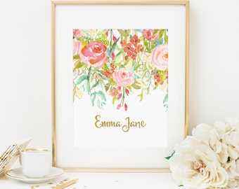 CUSTOM Name Floral Printable Art Print Nursery Monogram Nursery Letters Nursery Initial Print Watercolor Floral Wall Art Blush Pink 117