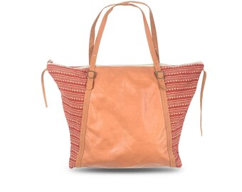 Large weekender bag / Soft leather bags woman / Boho bag / Woman bag / Ethnic bag / Leather shopper / Brown leather shoulder bag / Red print