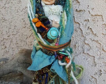 Nature Spirit, Art Doll, Handcrafted art doll, Kitchen Witch on whisk, Assemblage, soft sculpture doll