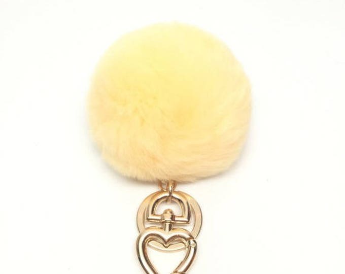 Heart Fur Pompom Keychain Rabbit Fur Ball Bag Charm Cream