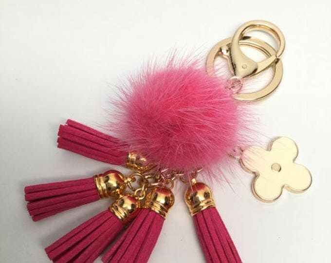 Cute Genuine Mink Fur Pom Pom Keychain with suede tassels and flower charm in Pink