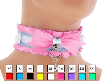 Kitten play collar, BDSM collar, Satin pink lace ddlg collar, pet play collar, choker puppy, princess, pastel gothic, kawaii, fairy kei 1L
