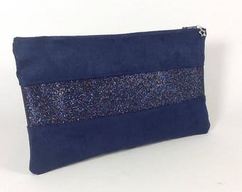 Flat clutch in Blue Suede Navy with Navy blue glitter