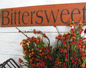 Bittersweet Sign 24 inch - Hand Painted Wood Bittersweet Sign in Dark Orange - Farmhouse Wall Decor - Autumn and Fall Decor