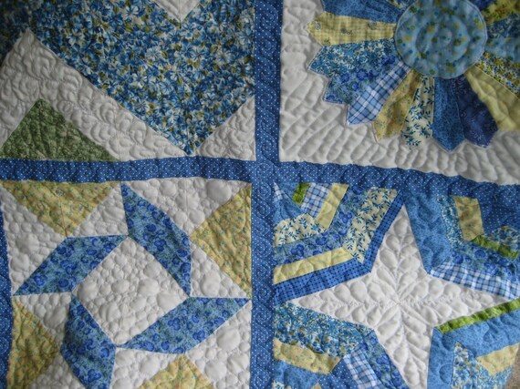 Unique Quilted Throw Blanket Blue White Traditional Patchwork