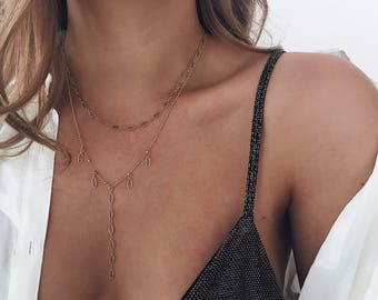 Gold Fill Necklace, Y Necklace, Beaded Chain, Delicate Necklace, Gold Lariat Necklace, Boho Necklace