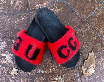 gucci fur slides red
