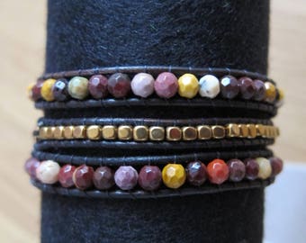 WRAP BRACELET GEMS and Miyuki Beads "Himalaya", Natural Mineral Beads Gold Hematites and Mookaites, Miyuki and Gemstones, Handmade Jewelry