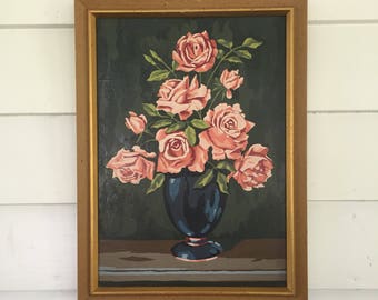 Vintage Paint by Numbers Roses Painting in Wooden Frame