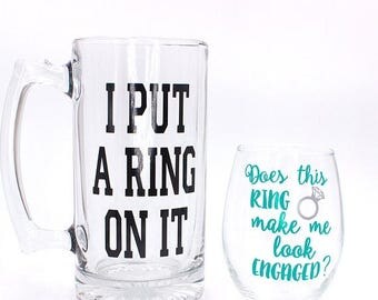 ON SALE Engagement Gift For Couples, Engagement Wine Glass, Engagement Beer Mug, Custom Mug, Custom Wine Glass, Stemless Wine Glass, Fiance