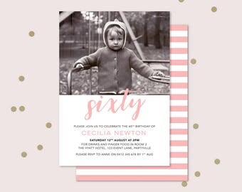 60th Birthday Invitation with photo - any age! Sixtieth birthday invitation, double sided invitation to print yourself. 70th, 90th, 80th