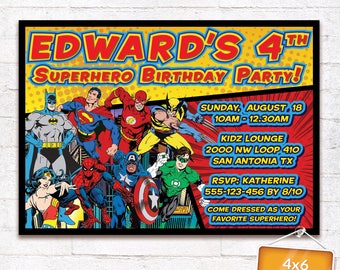 Superhero Invitation Justice League Birthday Party Superman Batman Spiderman Captain America Marvel Card Invite Customized Digital File