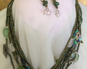fab ONE OF A KIND multi strand necklace and earrings-glass/mop/silvertone