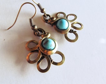 Flowers - turquoise - brass earrings-