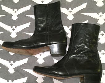 Vintage 1960s 1970s Italian Black Leather MOD Ankle Boots with Side Zippers by VERDE Designer Boots Hippie Festival Rocker