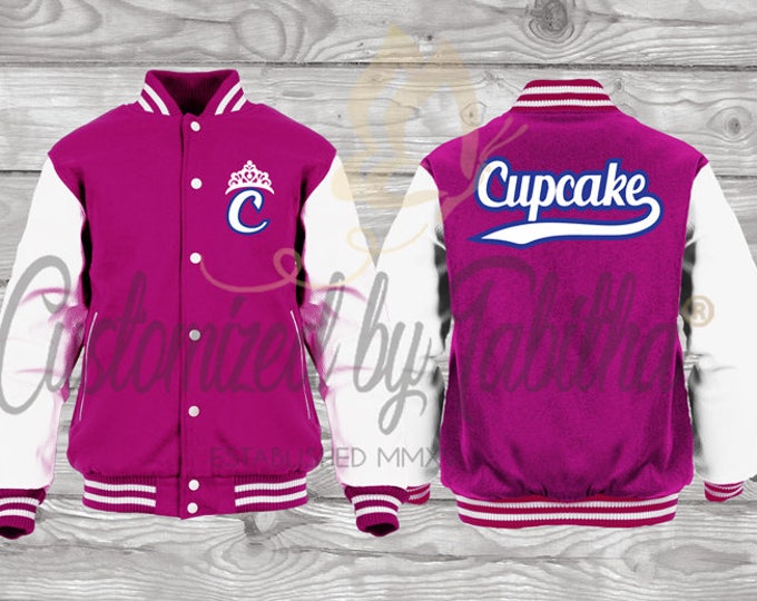 Personalised Pink Varsity Jacket with Tiara White Letter Cupcake Text Swoosh with Blue Outline Varsity Letterman Jacket