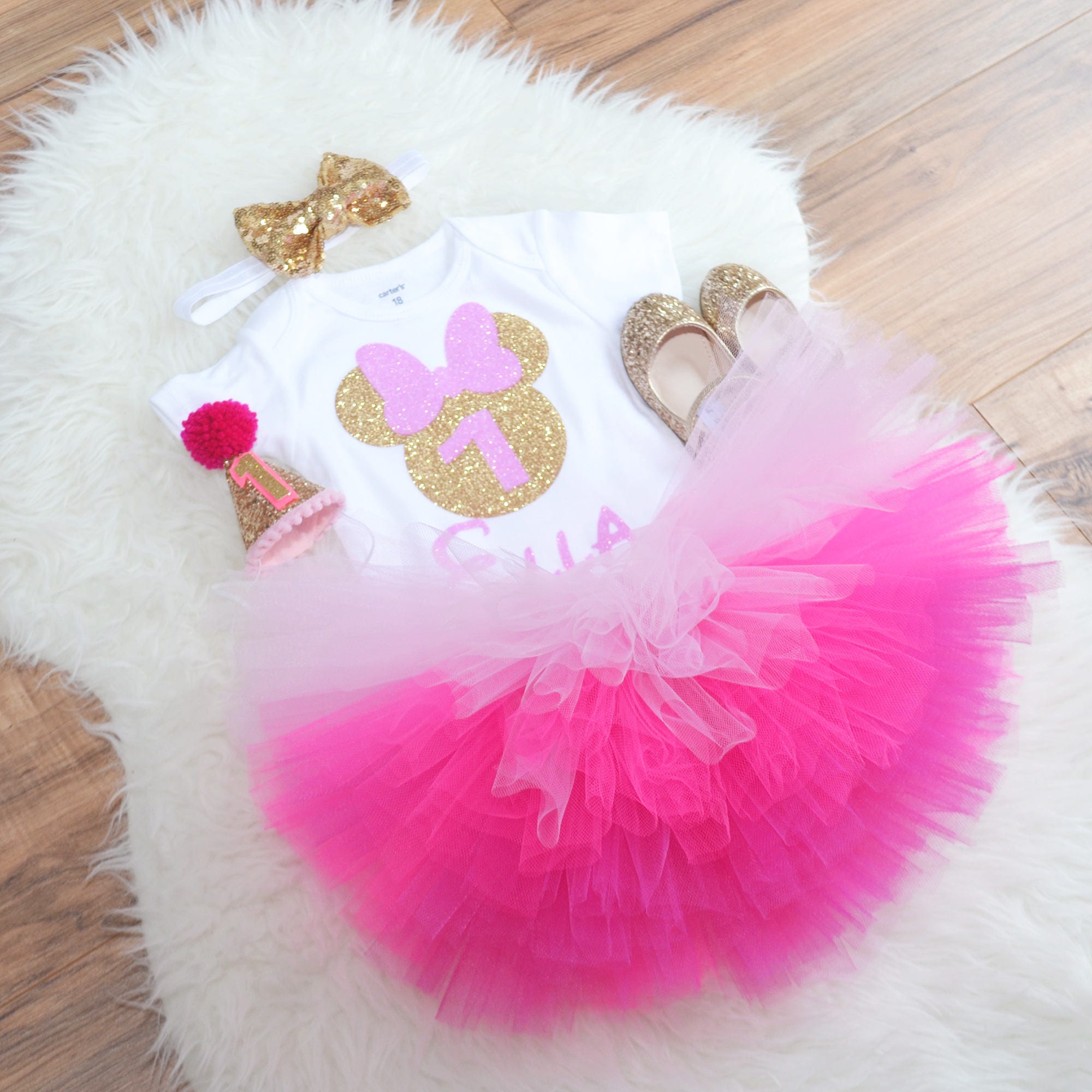 Pink and Gold Minnie Mouse First Birthday outfit minnie mouse