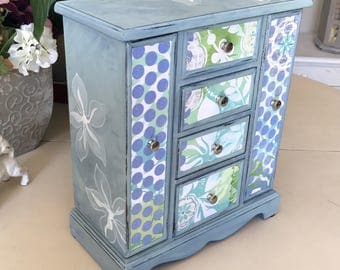 Vintage Wooden Jewelry Armoire / Chalk Painted and Decoupaged Shabby Chic Jewelry Box / Upcycled OOAK Designer Jewelry Box