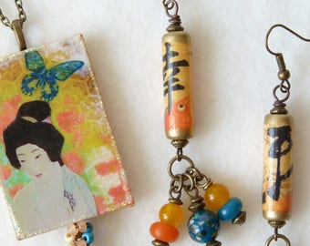 Asian Womens Jewelry Sets, Japanese Geisha, Chinese Calligraphy, Dangle Earrings, Chinese Earrings, Pendant Necklace, Handmade Jewelry