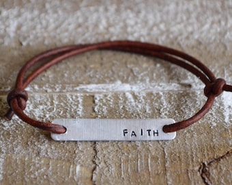 Faith bracelet, leather wrap bracelet, best friend bracelet, stamped bracelet, leather bracelet, womens bracelet, custom bracelet