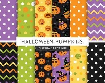 Halloween digital paper, pumpkins, fun, witch, spooky, purple, green, orange, holiday, party, scrapbook papers (Instant Download)