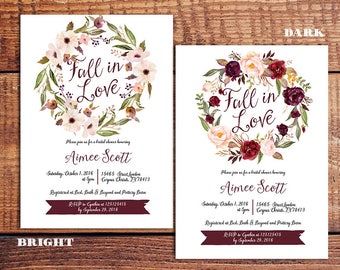 Marsala fall bridal shower invitation, Fall Floral Bridal Shower Invitation, Marsala Burgundy Bridal Shower, fall rustic autumn invitation