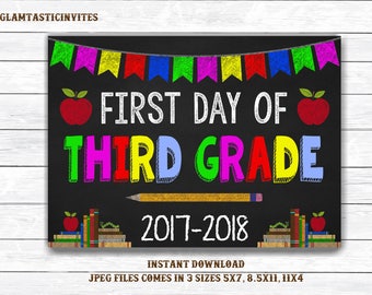 First Day of Third Grade Sign, Instant Download, First Day of School Chalkboard, Three Sizes, First Day of School. Chalkboard Sign, DIY, 3rd