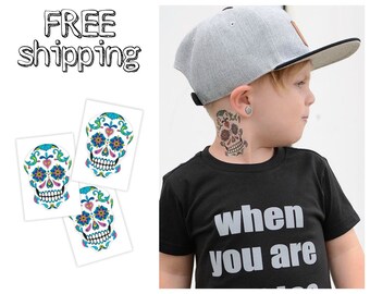 Set of 3 tatts «Sugar skull». Mexican style temporary tattoos with white skull with florals. Halloween party bag supply. TT163