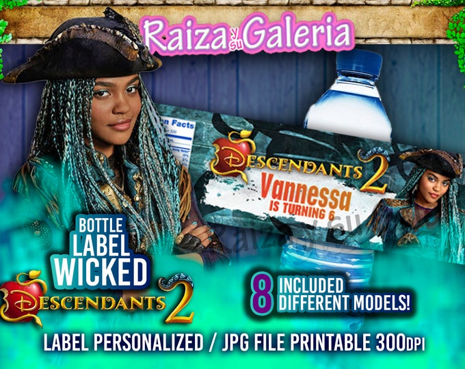 Disney Descendants 2 Water Bottle Labels Personalized - With the name of your birthday girl, 8 Models Differents - Descendants 2 Party