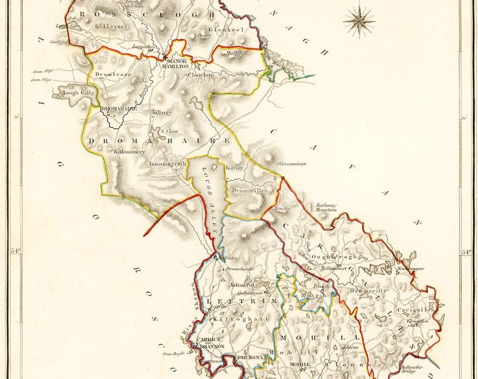 Irish Map - County Leitrim Ireland - Antique Map 1837 - Free International Shipping