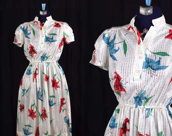 Vintage 1970s Americana Lilies Semi Sheer Dress / xsmall small