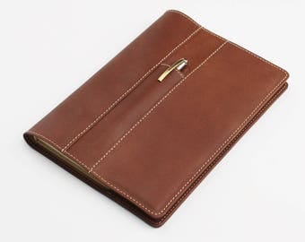 A5 Travellers Leather Notebook, Personalised Leather Journal Cover with Front Pen Pocket– Brown Goatskin Leather