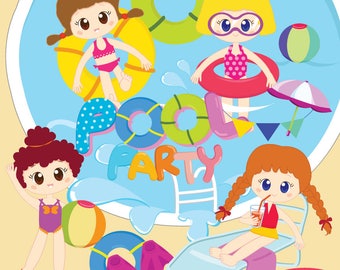 Girls pool party clipart,Pool clipart,Pool party digital clipart,Swim girls,Summer girls,Swim clipart,Personal and Commercial Use_ C2