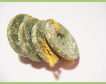 4 white vintage buttons Green Khaki - sewing or scrapbooking