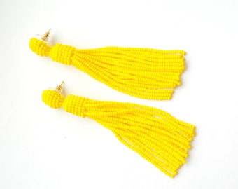 Tassel earrings Yellow earrings Long earrings Oscar de la renta Beaded earrings Summer outdoors Black earrings Blue earrings summer party