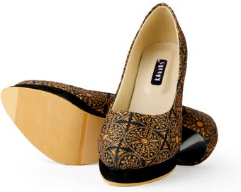 Black & Gold Pumps // Mughal Inspired print // Handmade // Original Designer footwear// Indian Designer // Desi Print // Pencil Heels