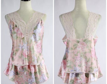 80's Pale Pink Rose Print Pajama Set