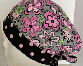 Scrub hat, Scrub Cap for Women, Scrub Cap, Grey and Pink Flowers Pxiei Scrub hat, Scrub Hat for Women
