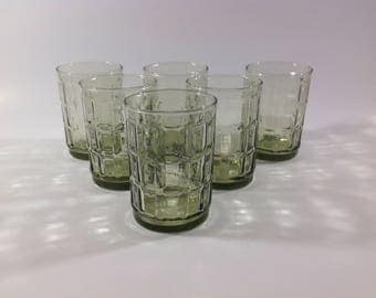 Vintage Green Juice Glasses Checked Squares Windowpane Design Set of 6