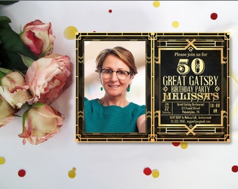 great gatsby birthday invitation with photo, art deco birthday invitation, great gatsby invitation, 50th birthday invitation, 1920s theme