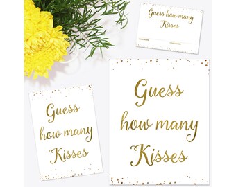 Guess How Many Kisses Game Card and Sign, Bridal Shower Game, Gold Confetti, Bridal Shower Printable, Baby Shower, Instant Download BRSG1