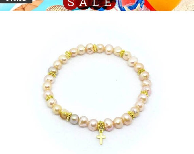 Child's Freshwater Pearl Gold Cross Bracelet, Children's Pearl Stretch Bracelet, First Communion Bracelet, Easter Jewelry