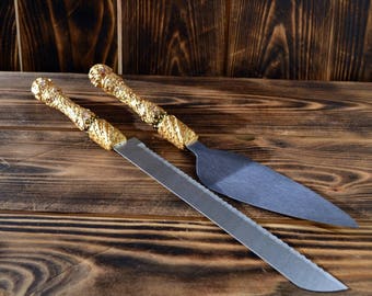 Gold Wedding cake cutting set Wedding cake knife set engraved cake set wedding cake server set Personalized Cake serving set Boho wedding