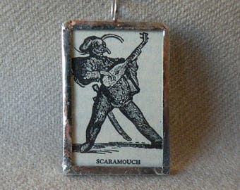 Scaramouche - Italian commedia dell'arte - Handmade Soldered Glass Pendant with B&W Vintage Dictionary Illustration