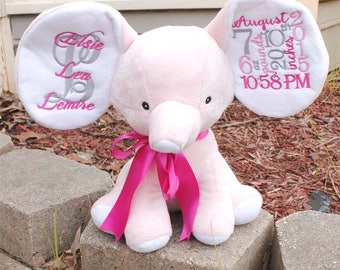 Birth Announcement Stuffed Animals, Birth Stats Pink Elephant Stuffed Animal, Birth Stat Plush, Elephant Nursery Decor, Baby Gift